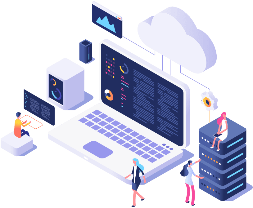 Computer with cloud and server illustration